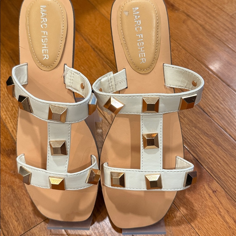 Marc Fisher White Sandals with Gold Accents